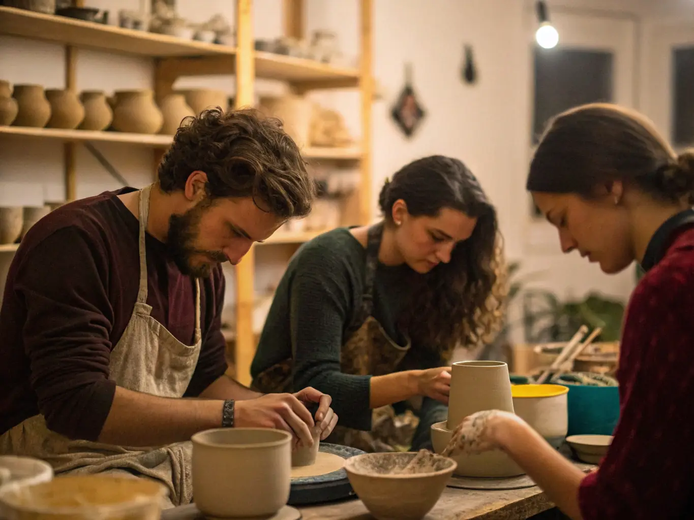 A photograph of a ceramics workshop, with participants actively engaged in cleaning, sorting, and classifying ceramic shards. The atmosphere is focused and collaborative.