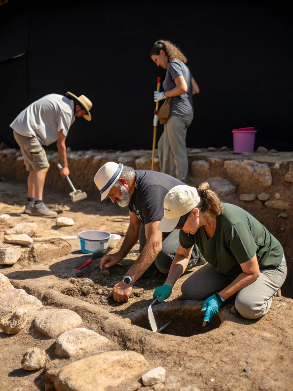 A photograph of researchers excavating a ceramic kiln site in Southern France, focusing on the meticulous process of unearthing artifacts.