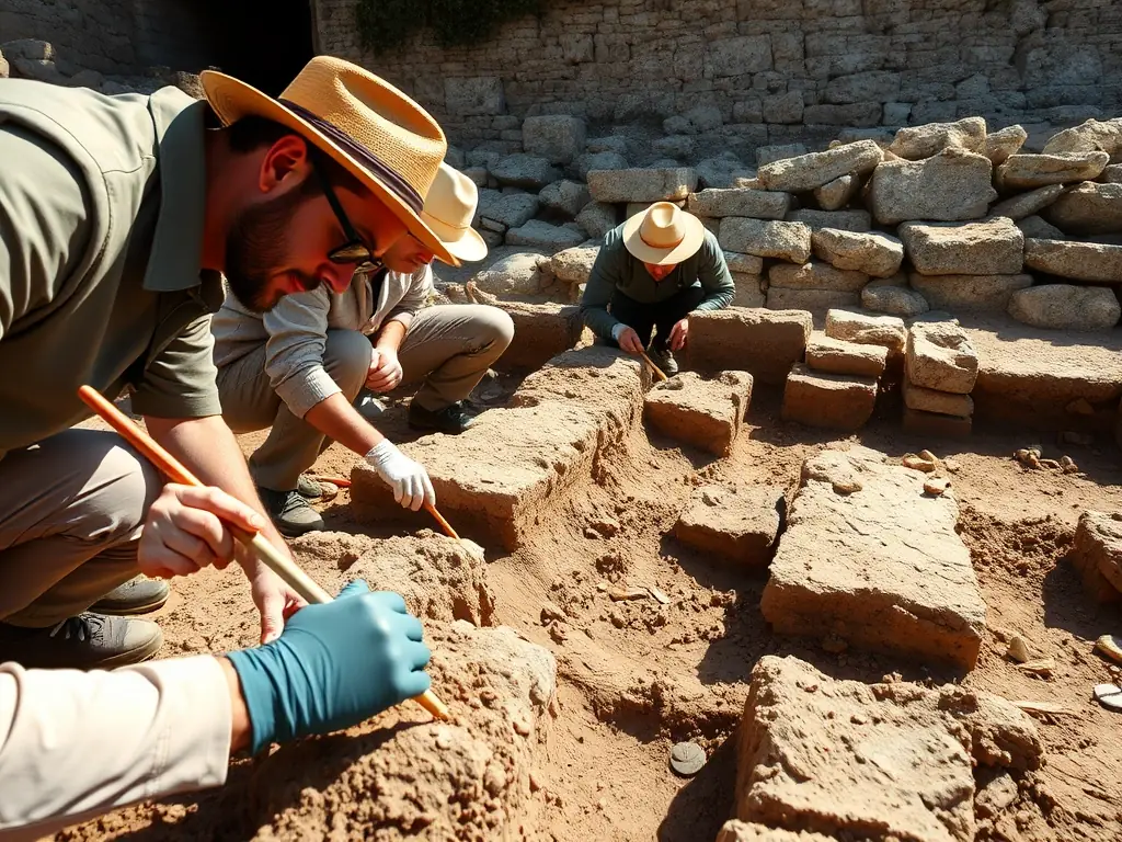 A photograph depicting a team of archaeologists carefully excavating and documenting ceramic shards at an archaeological dig site in the Mediterranean region. The scene captures the meticulous process of uncovering ceramic artifacts, highlighting the importance of archaeological research in understanding ceramic history.