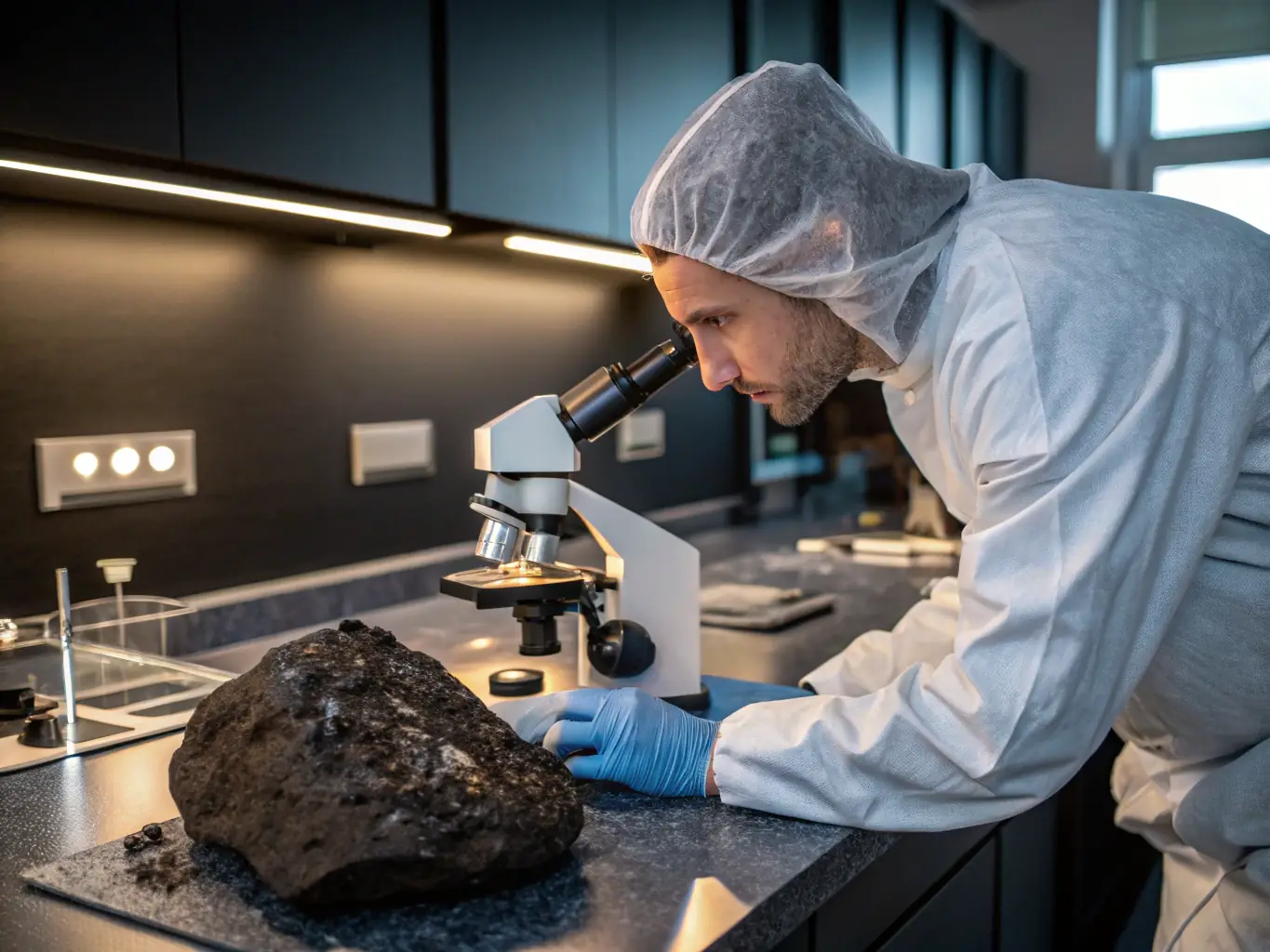 A close-up image of a researcher examining a ceramic artifact under a microscope, highlighting the scientific analysis involved in ceramic studies.