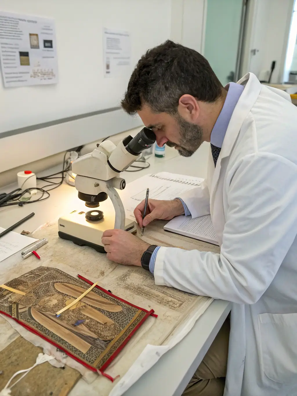 A close-up image of a researcher carefully examining and documenting a fragment of medieval pottery, highlighting the intricate details of the ceramic.