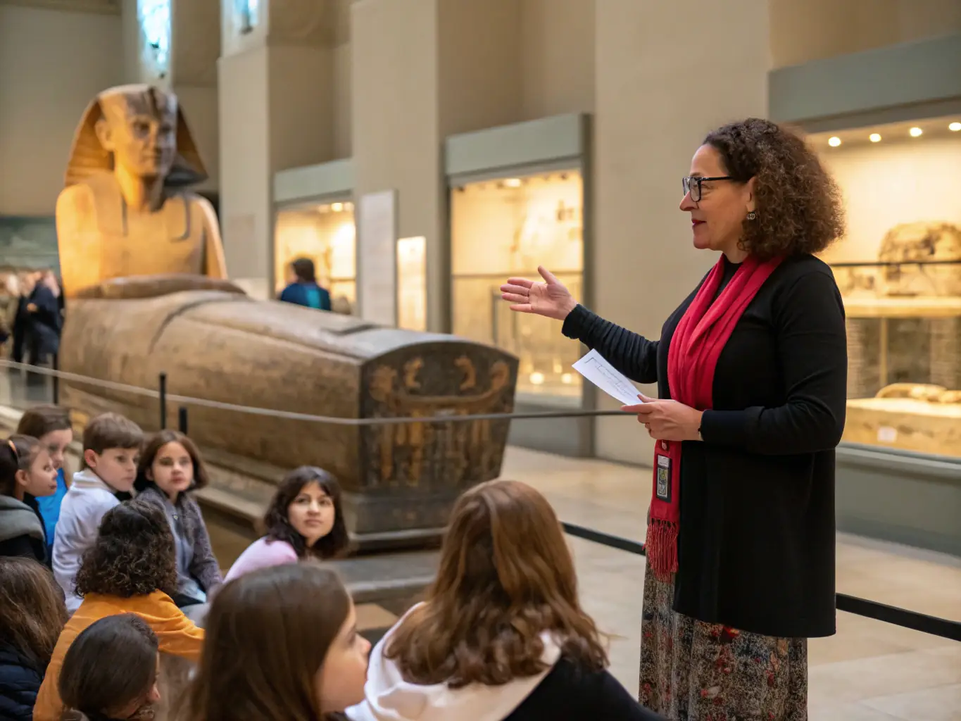 A diverse group of community members participates in a guided tour of a ceramic exhibition, listening attentively to the curator's explanation of the artifacts on display. The image highlights AIECM3's community engagement efforts.