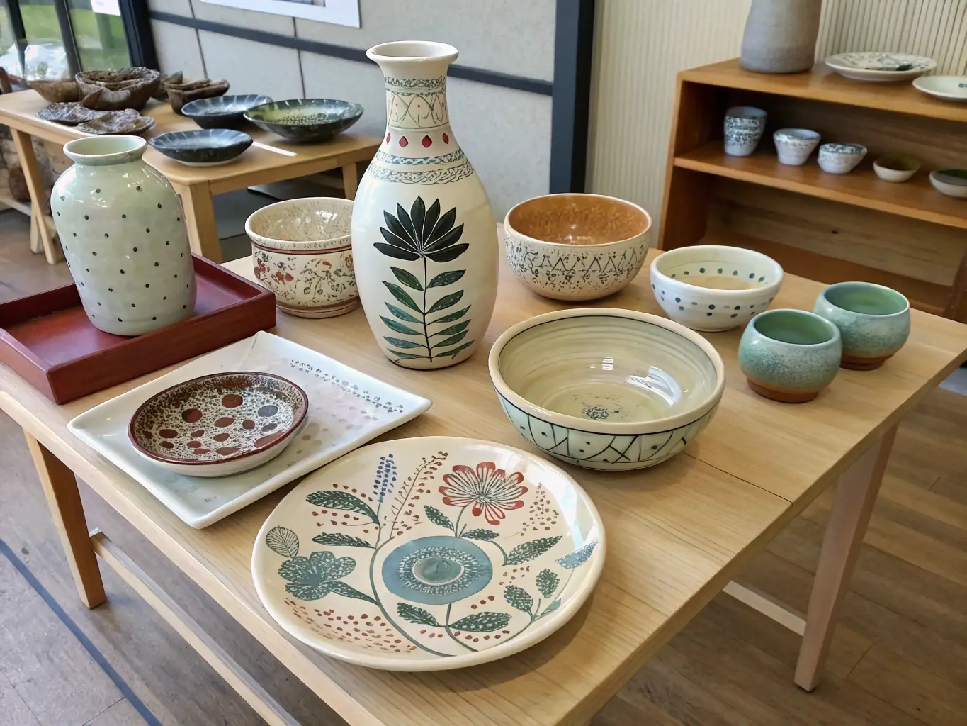 A photograph of a museum exhibition featuring a diverse collection of medieval and modern ceramic artifacts, highlighting their artistic and historical significance.