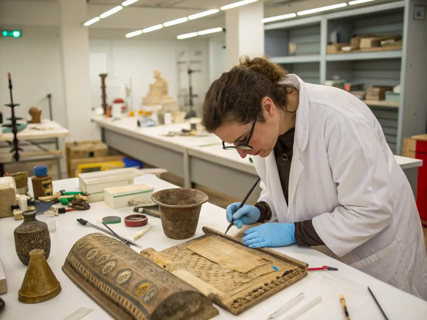 A researcher carefully examines a fragment of medieval pottery, using calipers and a magnifying glass in a well-lit laboratory setting. The image emphasizes the meticulous nature of ceramic analysis.