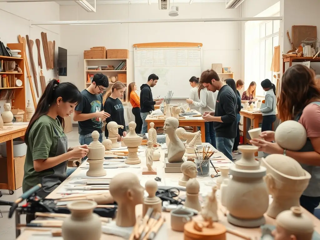 A photograph showcasing a group of students participating in a hands-on ceramic workshop, guided by experienced instructors. The image captures the learning environment, where participants are actively engaged in creating and studying ceramic art, emphasizing the educational aspect of AIECM3's activities.