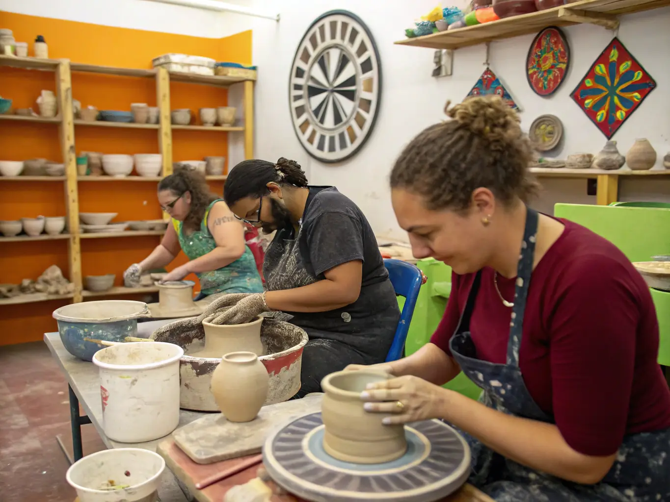 A group of students participates in a hands-on ceramics workshop, learning traditional pottery techniques from an experienced artisan. The scene captures the educational aspect of AIECM3's activities.