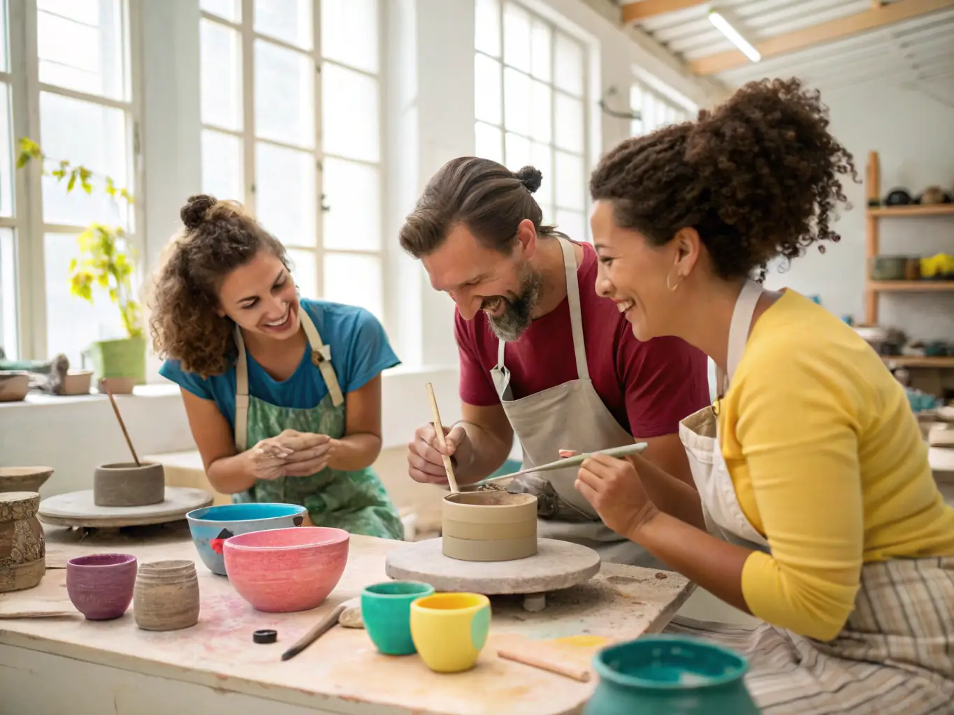 A vibrant image of a ceramics workshop, showcasing participants actively engaged in crafting and decorating ceramic pieces under the guidance of an experienced instructor.