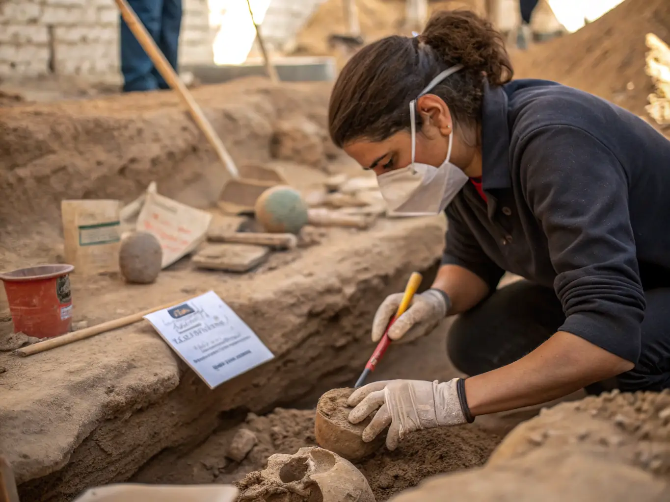 A photograph of archaeologists carefully excavating ceramic shards at a Mediterranean archaeological site, focusing on the delicate process of uncovering and preserving historical artifacts.